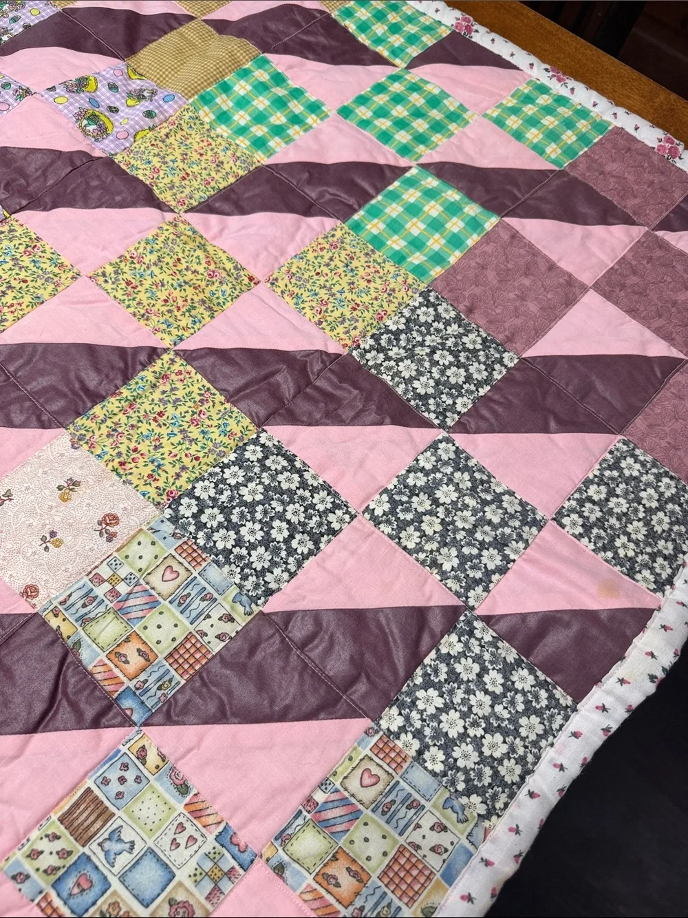 Handmade Pink and Plum Patchwork Quilt - Cozy Home Bedding - 3’ x 5’
